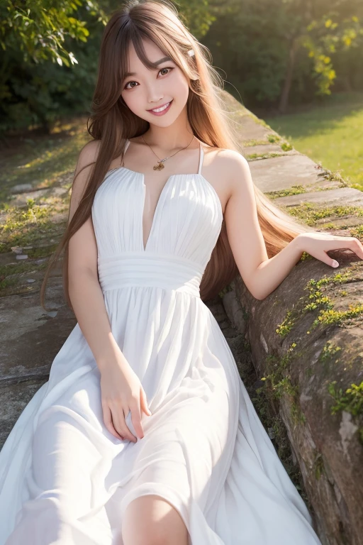 Tabletop, Highest quality, Super detailed, In detail, High resolution, 8k wallpaper, Perfect dynamic composition, Natural color lip,(Wearing a long white dress:1.3),(Long Hair:1.3),I want to convey a fun atmosphere.,20-year-old girl,(smile:1.3)、Beautiful hair in the morning sun