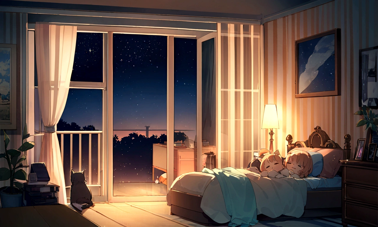 Room with large windows、A room with calming miscellaneous items、College girl's room、One cat is sleeping、Outside the window, evening turns to night、The room was dim and the light was orange.、Starry sky outside