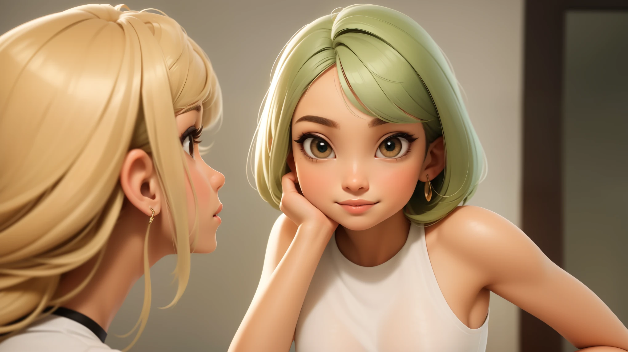 (work of art, best qualityer, ultra detali, high resolution, 4K),(beautiful detailed eyes),(very highly detailed face),(1 girl),HDR,long hair, taking a shower, greeneyes, pink hair, bracelet, See Through Crop Top, jewerly, to attend, lips, focus only, glaze, hypdertailed, nblurry background, pretentious smile, NSFW position, wristto attend, realisitic, (full body shot shot)