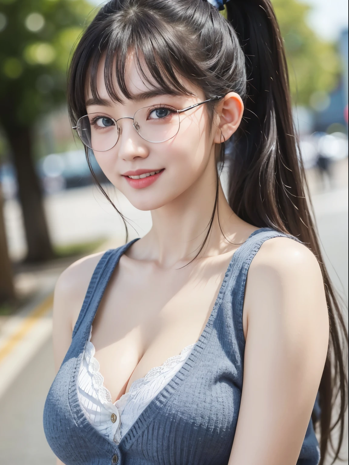 (Best quality, masterpiece, detailed), (RAW, 4k, hd images), 1 girl, , white skin, long hair, ponytail, layers hair, bangs, black hair, beautiful girl, cute girl, sweet girl, pretty girl, perfect girl, perfect body, pretty eyes, blue eyes, thin lips, (eye line, lip soft), perfect round breast, glasses(detailed frame), simple background, smile, tanktop with cardigan, modeling pose, free style pose, random angle capture, cleavage, outdoors
