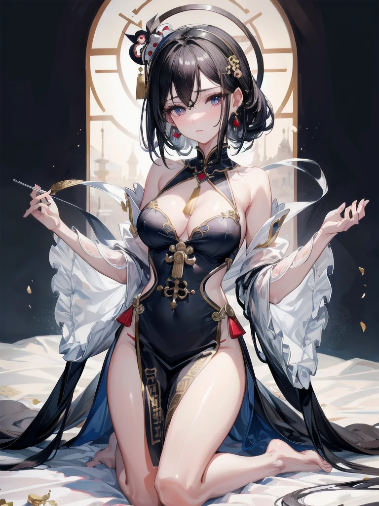 absurdres, RAW photo, extremely delicate and beautiful, masterpiece, Best Quality, ultra high resolution, 32k, hyperrealistic, ultra-detailed, in her 20s, delicate facial features, beautiful detailed girl, tearful mole, earring, medium breasts, full body shot, shorter middle hair, black hair, jiangshi,