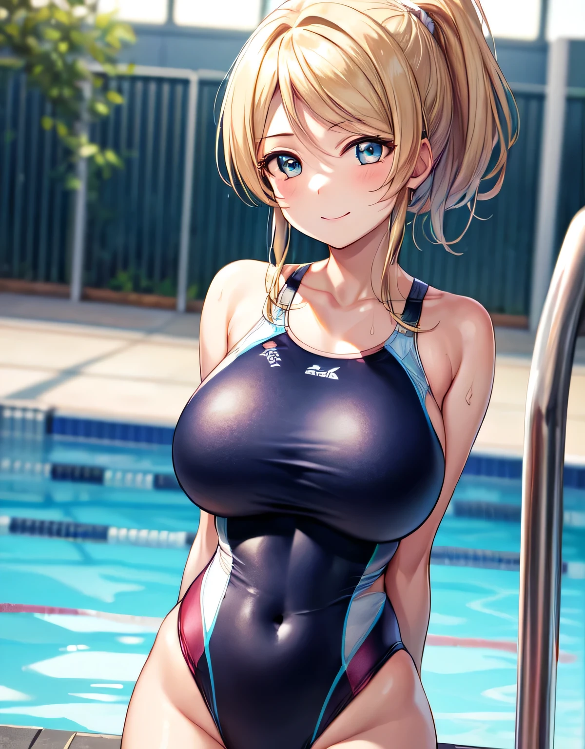 eliayase,eli ayase,blonde hair,(light blue eyes),ponytail,looking at viewer,indoor pool,(shiny Competition swimsuit:1.1),(huge breasts:1.3),(shiny,hair),((1 girl)),((solo)),((masterpiece)),((best quality)),perfect anatomy,slim waist,perfect image,8k UHD,(beautiful detailed eyes:1.5),extremely detailed face,standing,(upper body:1.2),(look at the front:1.5),(arms behindback:1.1),ultra-detailed,absurdres,highres,smile,smug look,(outdoor pool),(night),