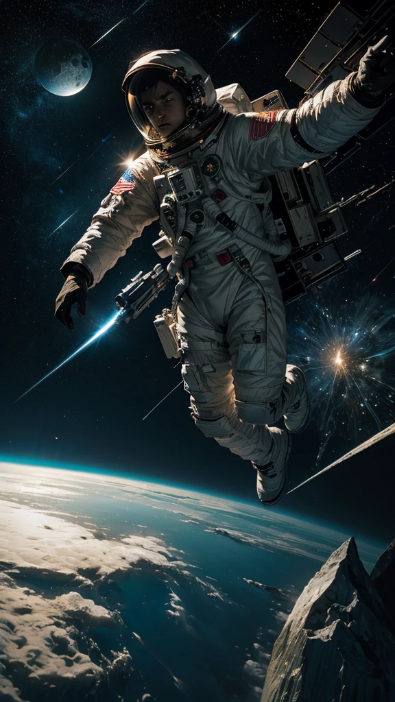 Astronaut at worlds end,agony,despair,detailed,space,moon,falling star,meteor,fire