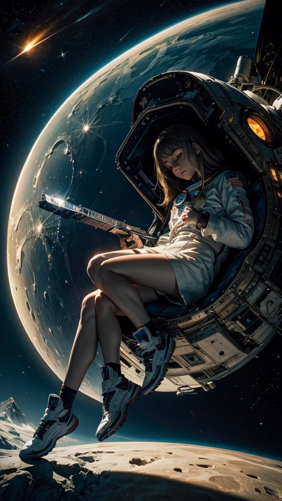 Astronaut at worlds end,agony,despair,detailed,space,moon,falling star,meteor,fire