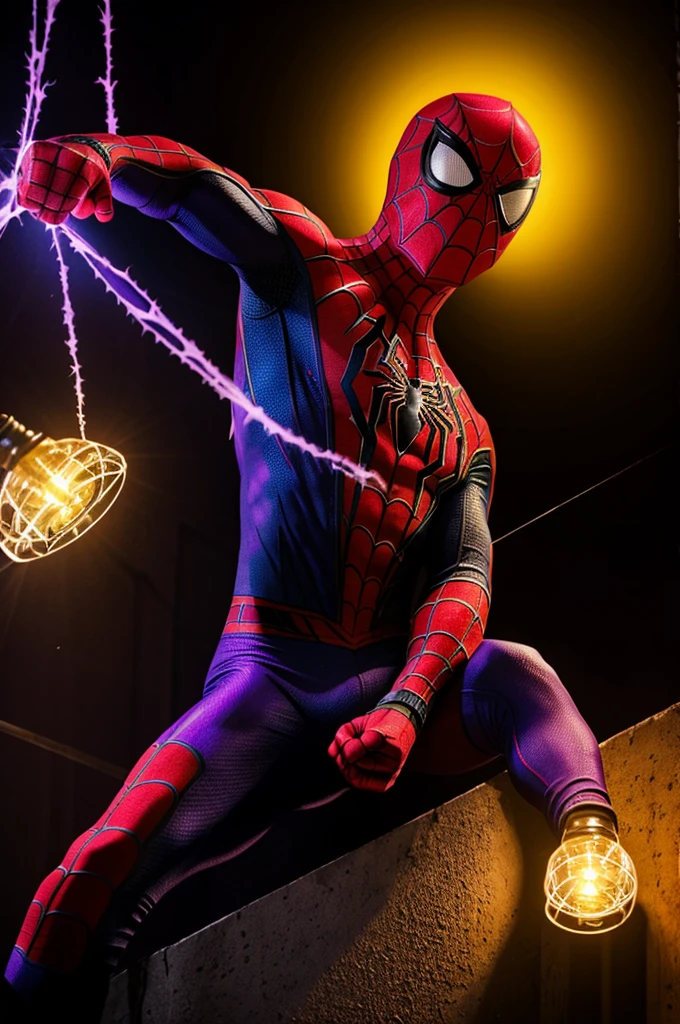 Create a real spider man image with purple and yellow light to use in a tattoo