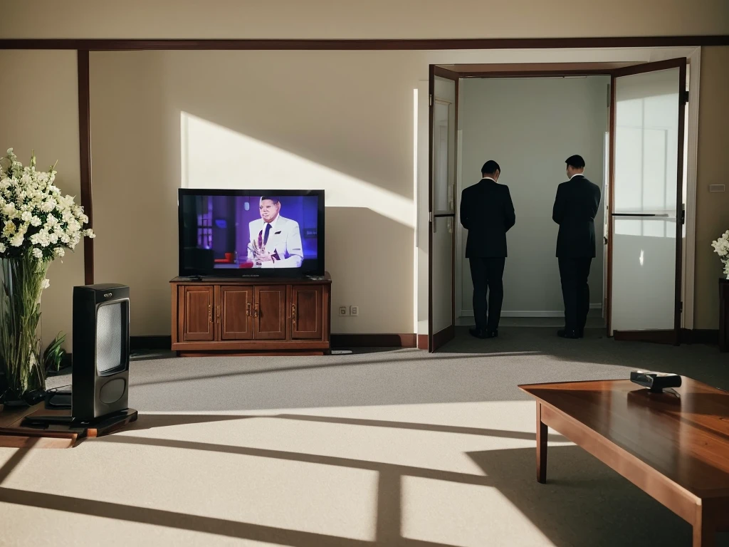 Several men in suits are standing at the entrance to a funeral hall with a single television, Funeral, Photo taken from behind,Screen 16：9, watching tv, beautiful photo, Sunny place, External light, watching tv, A small TV screen is placed on the table, White wall, Flowers are laid out
