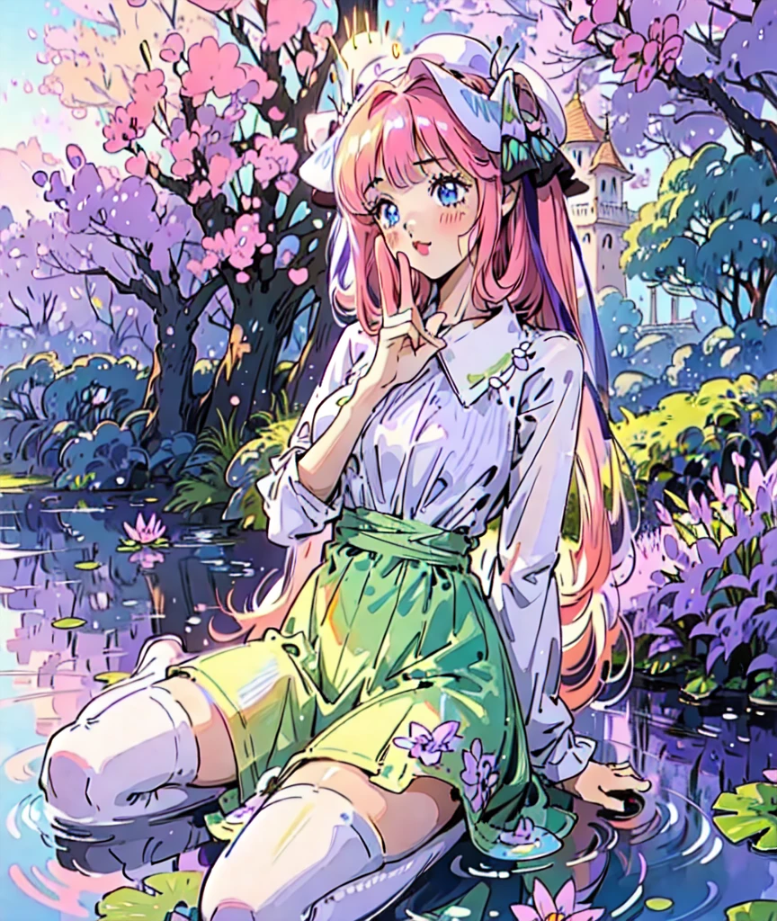 Nino nakano, dressed as sweetie belle from my little pony, solo, 1 girl, in a mythical garden: 2.0, (pink hair, coil curls: 2.5, dark blue heavenly eyes: 1.5, wearing a green and white dress, happy: 1.5, soft smile, her surroundings are ethereal, ((ultra realistic high quality top quality 4k)), one white thin really thin unicorn horn in her forehead: 3.0, bright sunny day: 1.urple and green flowers everywhere: 3.2, bushes, POND WITH LILY PADS: 3.0, jacaranda trees: 2.0, highly detailed jacaranda trees, green grass: 1.3, wearing a white summer hat with purple ribbon, summer dress with flower patterns, dainty features: 2.0, like features: 2.0 two white cat ears: 1.0, ONE WHITE THIN THIN REALLY THIN HORN ON HER FOREHEAD, two white cat ears, pure white skin, green thigh high, highly detailed legging, purple heel, shiny hair, slightly shiny skin, sun rise, morning, shining ponds, lavender flower everywhere, shining eyes, soft gentle smile cute pink soft light blush,