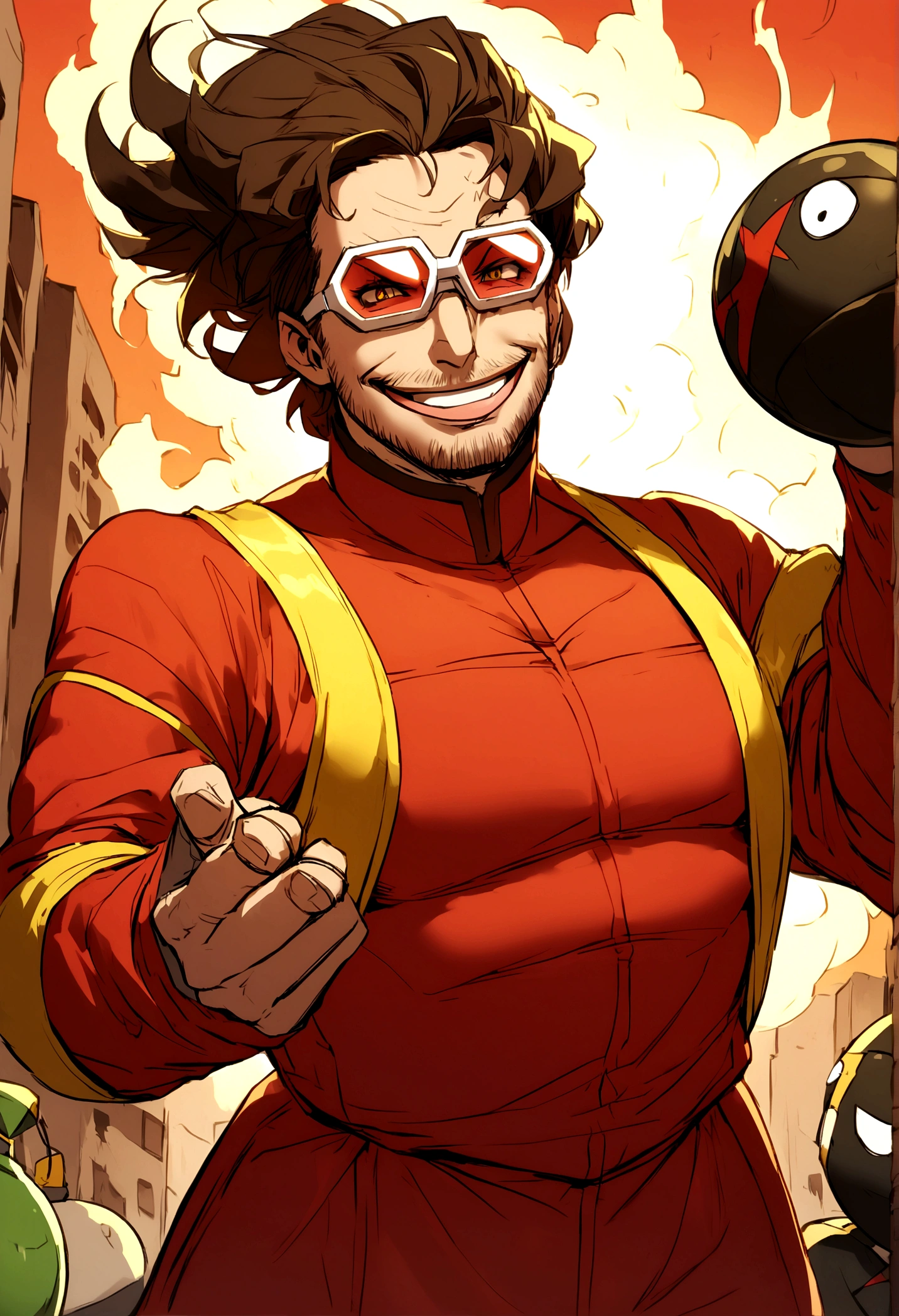 Make a super hero with yellow and red costume. Large protective glasses, with a bomb in one hand and a hideous smile.