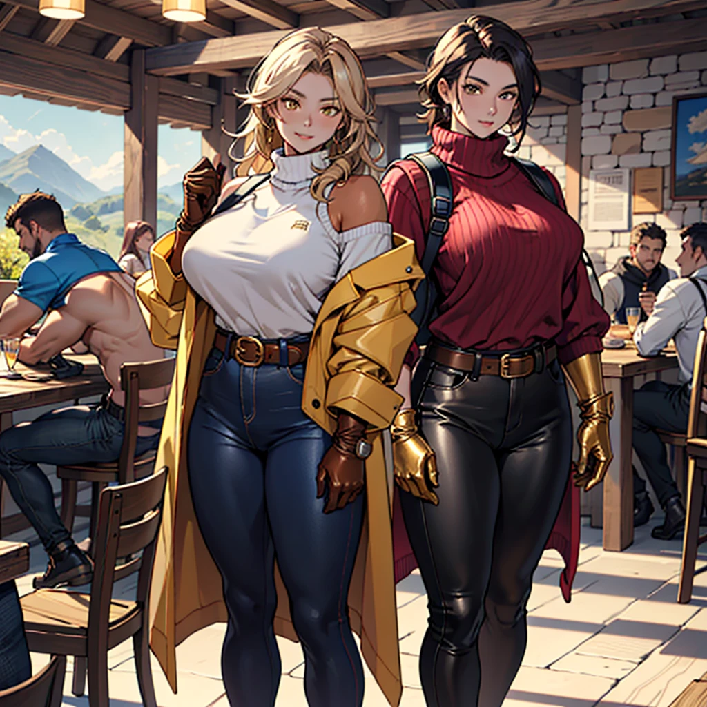 ((best quality)), ((masterpiece)), (detailed), 1girl, off-shoulder sweater, young Korean woman with golden eyes, sandy lush hair, tanned bronze skin, huge chest, sculpted powerful body muscles, dressed in a blue coat, dressed in heavy steel armor, black leather pants, wide yellow leather belt with gold yarn, steel gloves, hiking backpack , sits in a tavern of adventurers of a fantasy world,