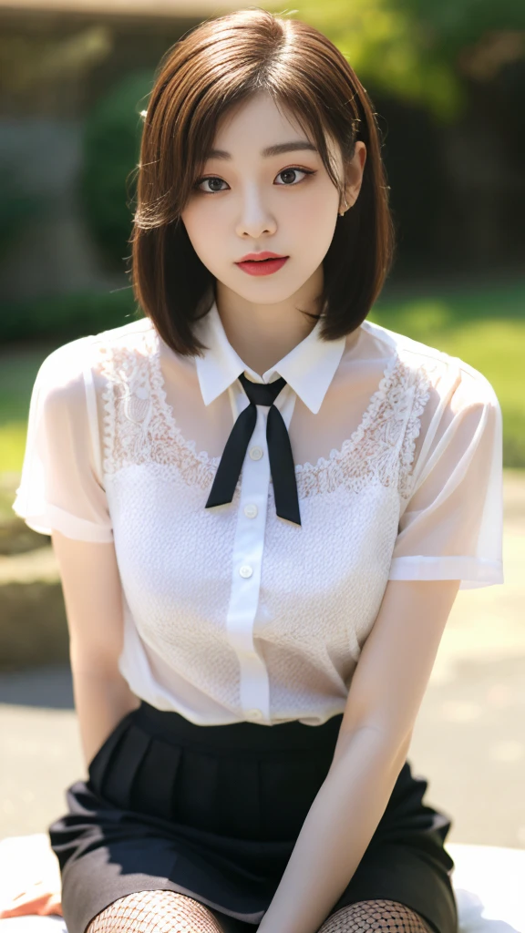 Korean 、summer  shirt、Tight shirt、Ribbon Ties、skirt by the、schools、stairs at school、chest lifting pose、Emphasis on the chest、Slender and large、8K raw photos、A high resolution、18-year-old Korean、embarrassing looking、very large round breasts、Beautiful eyes finely detailed、long eyelasher、beautiful double eyelid、eye shadows、eyeline、slender eyes、Elongated eye shape、Sanpaku eyes、beautiful and thin legs、Beautiful slender thighs、Random Shorthair、Tie your hair behind your head、耳Nipple Ring、Light brown hair、(Wear pantyhose)、Hold your knees，short hair,  fishnet stocking 