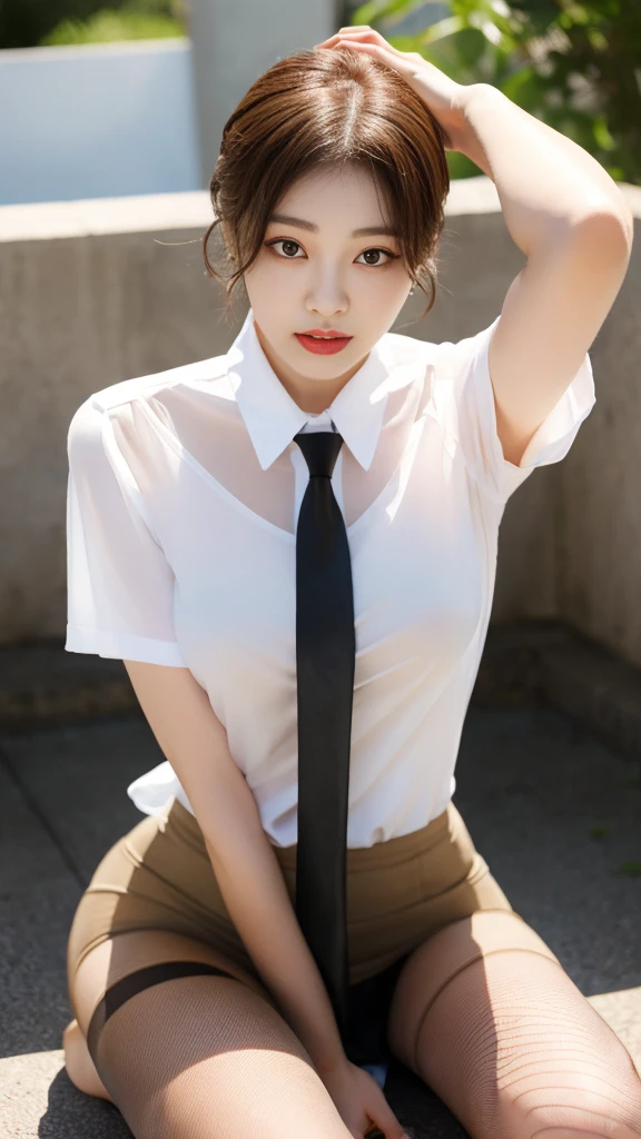 Korean 、summer  shirt、Tight shirt、Ribbon Ties、skirt by the、schools、stairs at school、chest lifting pose、Emphasis on the chest、Slender and large、8K raw photos、A high resolution、18-year-old Korean、embarrassing looking、very large round breasts、Beautiful eyes finely detailed、long eyelasher、beautiful double eyelid、eye shadows、eyeline、slender eyes、Elongated eye shape、Sanpaku eyes、beautiful and thin legs、Beautiful slender thighs、Random Shorthair、Tie your hair behind your head、耳Nipple Ring、Light brown hair、(Wear pantyhose)、Hold your knees，short hair,  fishnet stocking 