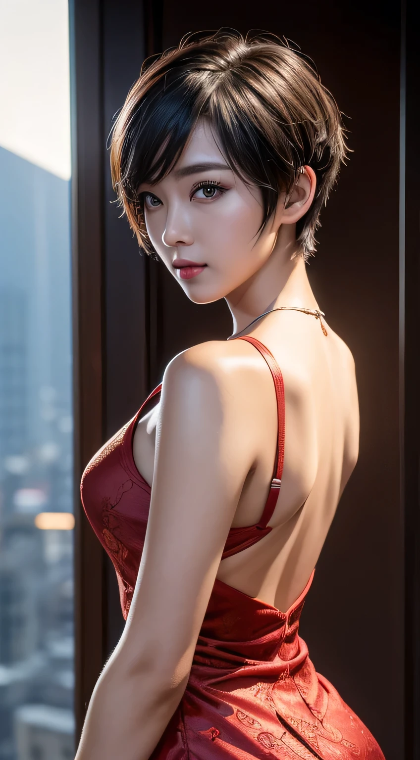 1girl in, (((Short Hair Hair,))), Qipao dress,(tmasterpiece, topquality, Near and Far Law, Depth of field:1.5), beatiful face, 8K, raw photograph, HDR, photorealestic, film grains, chromatic aberration, hight resolution, ultra-detailliert, finely detail, dinamic lighting, dramatic  lighting、visionary、Extremely detailed eyes and face、round pupils、Realistic pupils、Clean back soil
