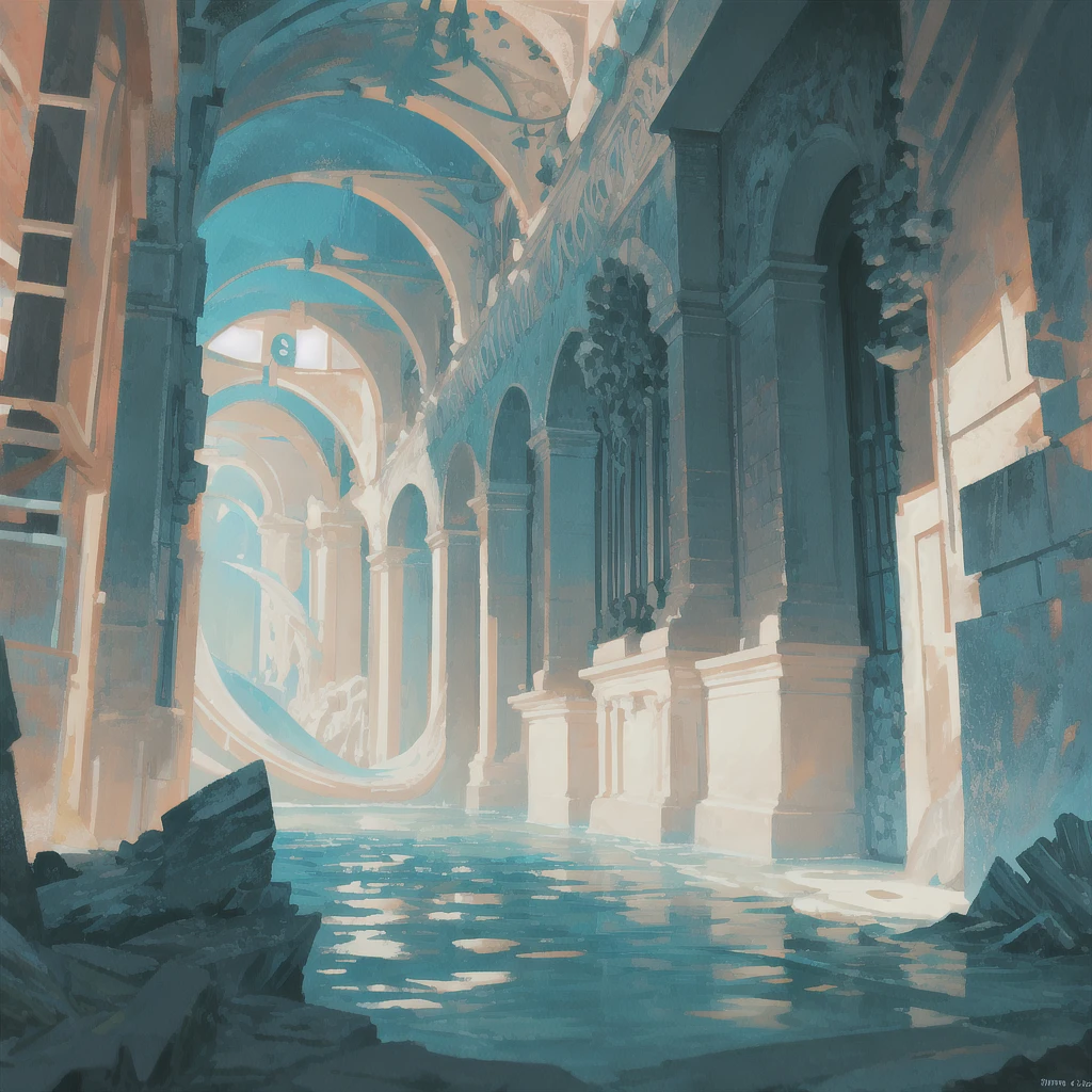 Underwater City Ruins - An ancient city submerged, mysterious and forgotten, coral and marine life intertwine with crumbling columns and arches, wide-angle shot from within a grand sunken palace, the ethereal light filters through the water's surface, cool tones dominate with bursts of color from exotic fish, intricately detailed, serene ambiance, concept art, ultra HD, 8k resolution, sketch, no character in image, line art, simple art