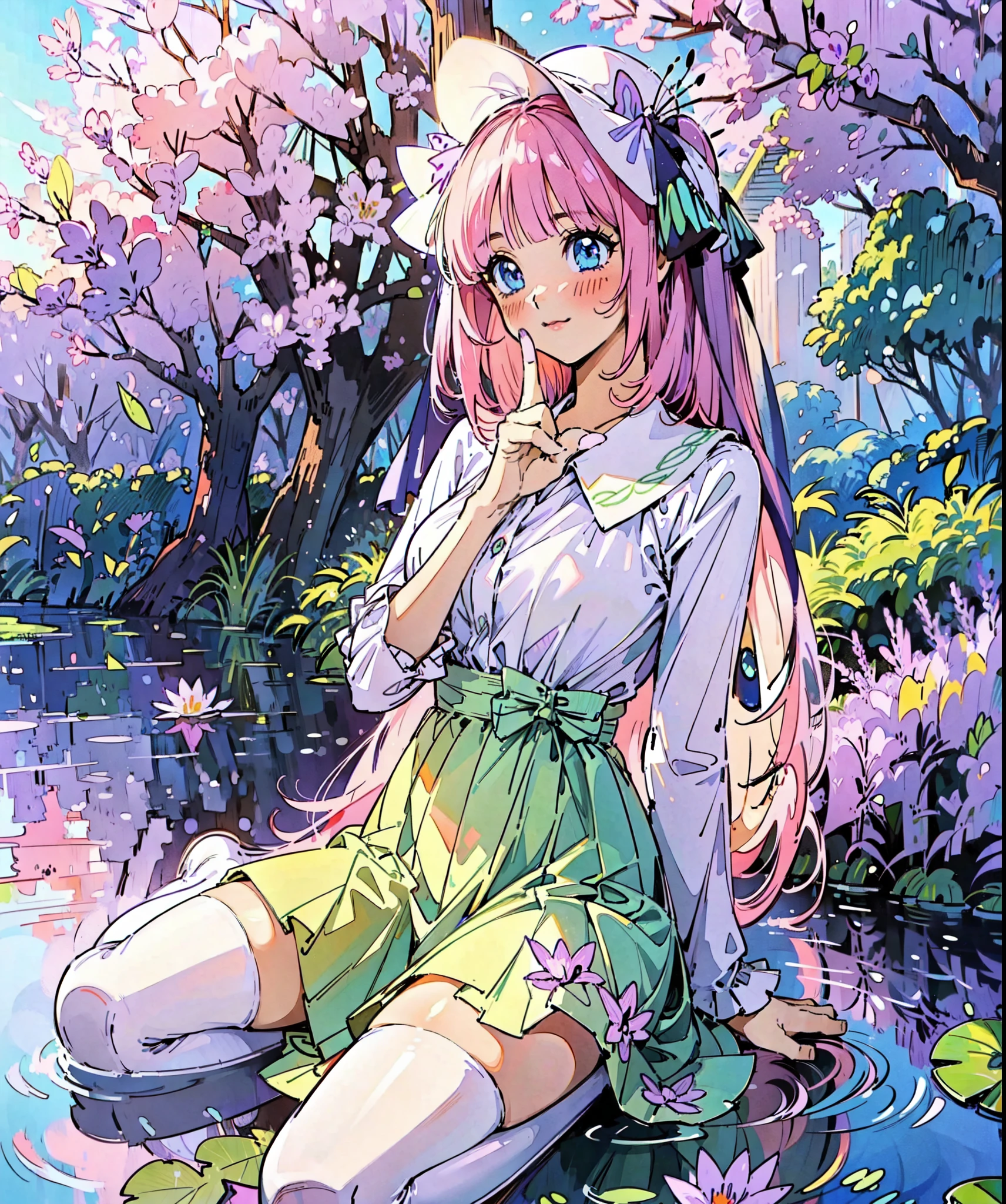 Nino nakano, dressed as sweetie belle from my little pony, solo, 1 girl, in a mythical garden: 2.0, (pink hair, coil curls: 2.5, dark blue heavenly eyes: 1.5, wearing a green and white dress, happy: 1.5, soft smile, her surroundings are ethereal, ((ultra realistic high quality top quality 4k)), one white thin really thin unicorn horn in her forehead: 3.0, bright sunny day: 1.urple and green flowers everywhere: 3.2, bushes, POND WITH LILY PADS: 3.0, jacaranda trees: 2.0, highly detailed jacaranda trees, green grass: 1.3, wearing a white summer hat with purple ribbon, summer dress with flower patterns, dainty features: 2.0, like features: 2.0 two white cat ears: 1.0, ONE WHITE THIN THIN REALLY THIN HORN ON HER FOREHEAD, two white cat ears, pure white skin, green thigh high, highly detailed legging, purple heel, shiny hair, slightly shiny skin, sun rise, morning, shining ponds, lavender flower everywhere, shining eyes, soft gentle smile cute pink soft light blush,