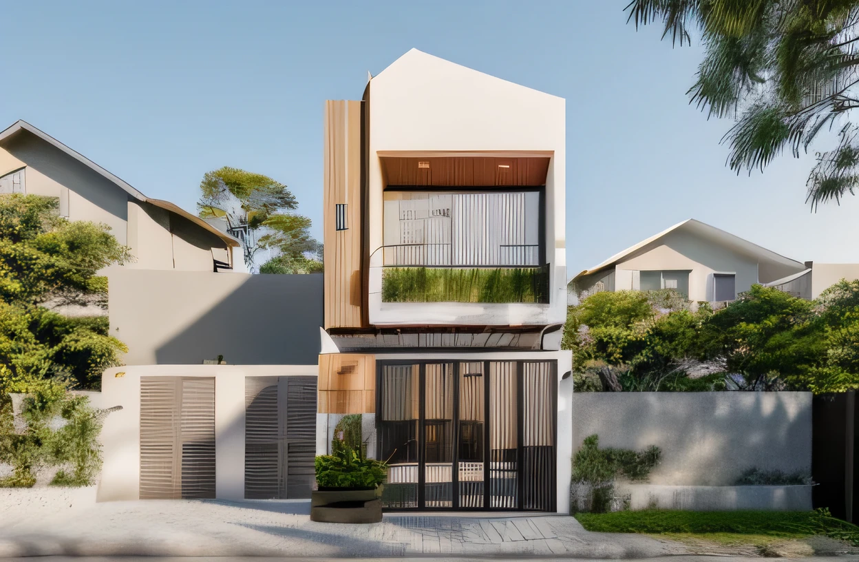 Townhouse in city, daylight , ,warm light, (sharp focus) front view of townhouse in style of modern, VietNam,facade, beautiful facade,xingfa windown,narrow and long ,mutual colours, soft lighting, warm atmosphere,high Resolution, hyper detailed,4k ,vray render, hyper realistic, photography expert ,exterior design , professional photography, exterior photography,wide-angle shot , ultra detail , high Resolution , full frame, trees in bancony, , fence wall ti