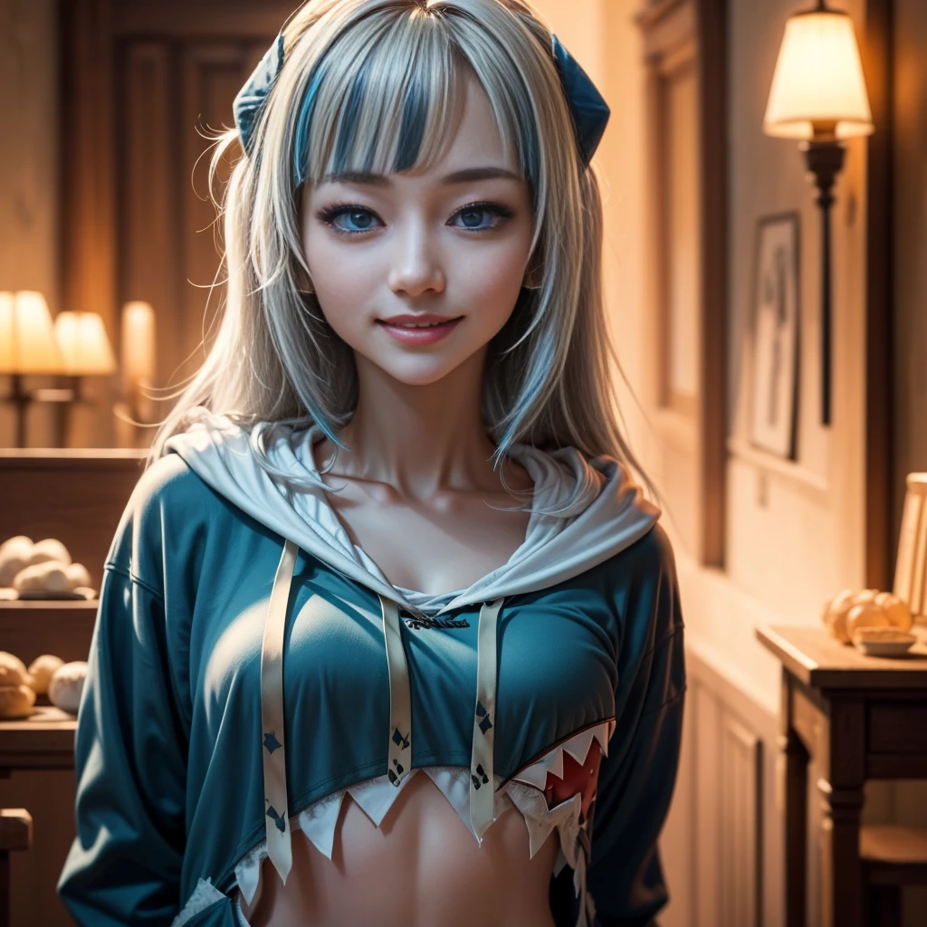 (gawr gura, blue hoodie, shark hood)、Beautiful girl、smile、Highly detailed face and eyes、Very fine body、Long, flowing white hair、Shallow depth of field、Cinematic lighting、Soft pastel colors、Photorealistic、8K、Highest quality、masterpiece、Full body portrait、Surreal、dramatic、elegant、Calm