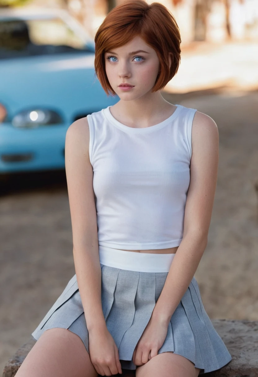  Teen movie scene,Women,protagonist,,hopeful face,blue eyes,short hairstyle,reddish hair with white gray,, with skirt, visible panties, sitting, sexy, 