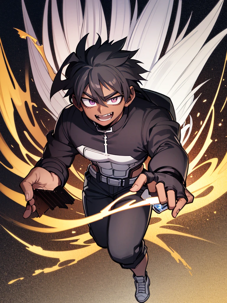 Make me a My Hero Academia style image of a black skinned boy with white hair and dark purple eyes and with energy in his hand. 