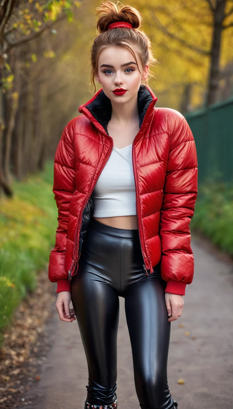 ultrarealistic high quality fullbody photo of a beautiful slim european girl with cute hyperdetailed shy face and natural redhead short messy bun and mischievous face, realistic round hazel eyes, red lips, dark eye makeup with eyeliner, wearing shiny red puffer jacket and faux leather leggins, hourglass body, outdoor shooting