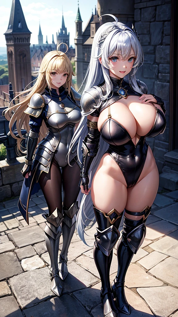 Woman knight、a beauty girl、huge tit、Excellent style、Nice Buddy、glamorous、leotard、s Armor、Bra chest armor、knee boots、gauntlets、hair adornments、silber hair、Longhaire、Ahoge、a medieval castle、is standing、full body seen、Outside the castle、natta、a smile、slightly open mouth