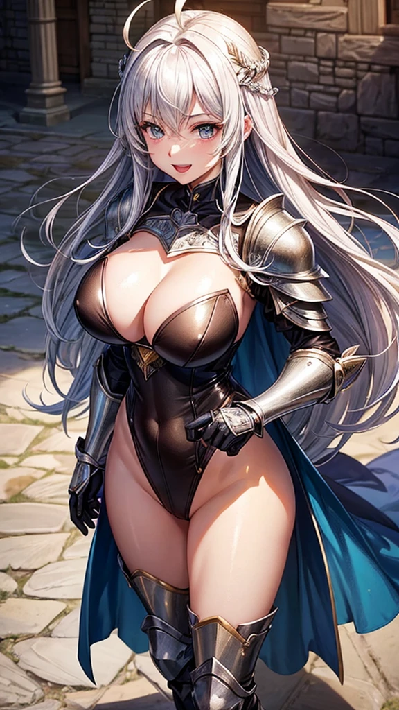 Woman knight、a beauty girl、huge tit、Excellent style、Nice Buddy、glamorous、leotard、s Armor、Bra chest armor、knee boots、gauntlets、hair adornments、silber hair、Longhaire、Ahoge、a medieval castle、is standing、full body seen、Outside the castle、natta、a smile、slightly open mouth