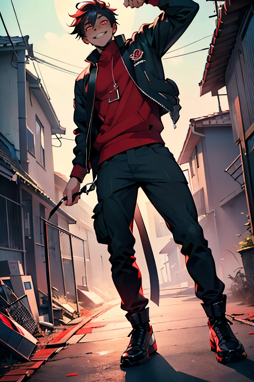 masterpiece, best quality, a young boy, 18 years old, with a crazy smile, crazy eyes, psycho face, red eyes, blushed cheeks, looking to the viewer, villain, evil, kidnapper, (full body), Perfect eyes, red eyes