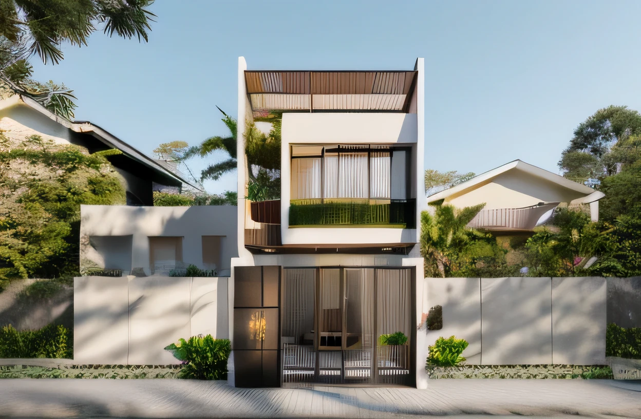 Townhouse in city, daylight , ,warm light, (sharp focus) front view of townhouse in style of modern, VietNam,facade, beautiful facade,xingfa windown,narrow and long ,mutual colours, soft lighting, warm atmosphere,high Resolution, hyper detailed,4k ,vray render, hyper realistic, photography expert ,exterior design , professional photography, exterior photography,wide-angle shot , ultra detail , high Resolution , full frame, trees in bancony, , fence wall ti