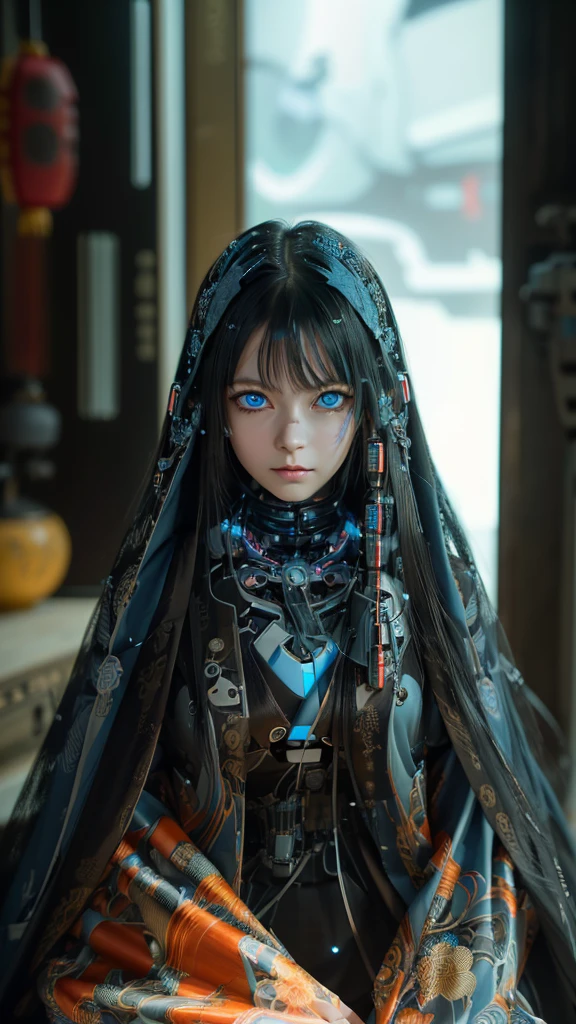 Ultra-detailed, master piece, best quality, high resolution,  detailed eyes, detailed face, (Neo Tokyo:1.5), (Cyberpunk:1.5), (Fusion with Machine:1.5), 12 years old, very pretty and beautiful, girl with mysterious atmosphere, ghost,  in appearance, graceful in traditional Japanese costume and design, (beautiful light blue eyes:1.5), (light blue plasma around her:1.5), bio-mechanical, traditional Japanese room with elegance, long black hair, bangs, face, hands, design and (light blue plasma surrounds), biomechanical, Japanese traditional noble Japanese room, long black hair, bangs, face, hands, designs and decorations are detailed and clearly drawn, ultra realistic and realistic image with super high resolution