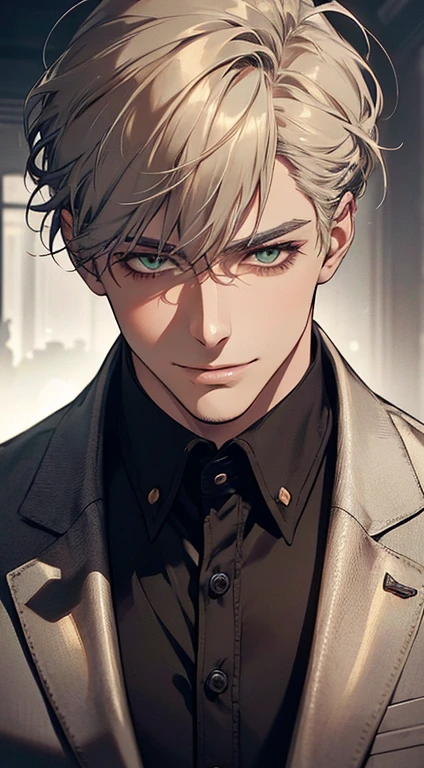 ((a mature man, very handsome, smile in love, short grey golden hair, green eyes, perfect face without errors)), ((buttoning the jacket, CEO)), (best quality, masterpiece, 8K, photorealistic, cinematic lighting, hdr image, ultra detailed, beautiful image), (portrait, detailed facial features, intricate textures, realistic skin tones, highly detailed, ultra-realistic), (warm lighting, soft shadows, dramatic lighting), (muted color palette, rich tones), (professional photography, high resolution, studio lighting)