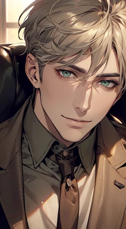 ((a mature man, very handsome, smile in love, short grey golden hair, green eyes, perfect face without errors)), ((buttoning the jacket, CEO)), (best quality, masterpiece, 8K, photorealistic, cinematic lighting, hdr image, ultra detailed, beautiful image), (portrait, detailed facial features, intricate textures, realistic skin tones, highly detailed, ultra-realistic), (warm lighting, soft shadows, dramatic lighting), (muted color palette, rich tones), (professional photography, high resolution, studio lighting)