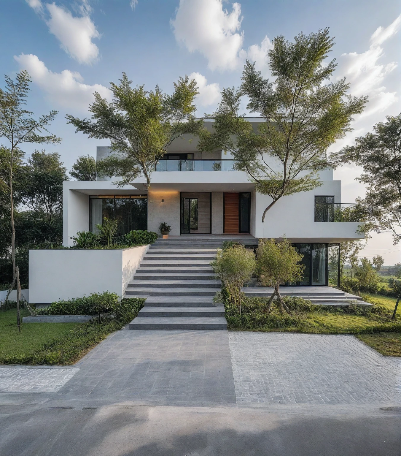 Raw photo,Masterpiece, high quality, best quality, authentic, super detail,
outdoors, onestoreyvillaXL, aiaigroup, house style modern on the street ,stairs, white wall
road,pavement, grass, trees, sky, cloud, (daylight:1.1)