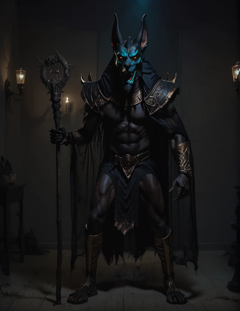 a man dressed as realistic zumbi Anubis halloween costume design, intimidating scary psychopathic man, anubis mask, dark energy, black costume, zumbi style, holding a staff, full body highly detailed, cinematic lighting, dramatic atmosphere party entrance, photorealistic, 8K, masterpiece