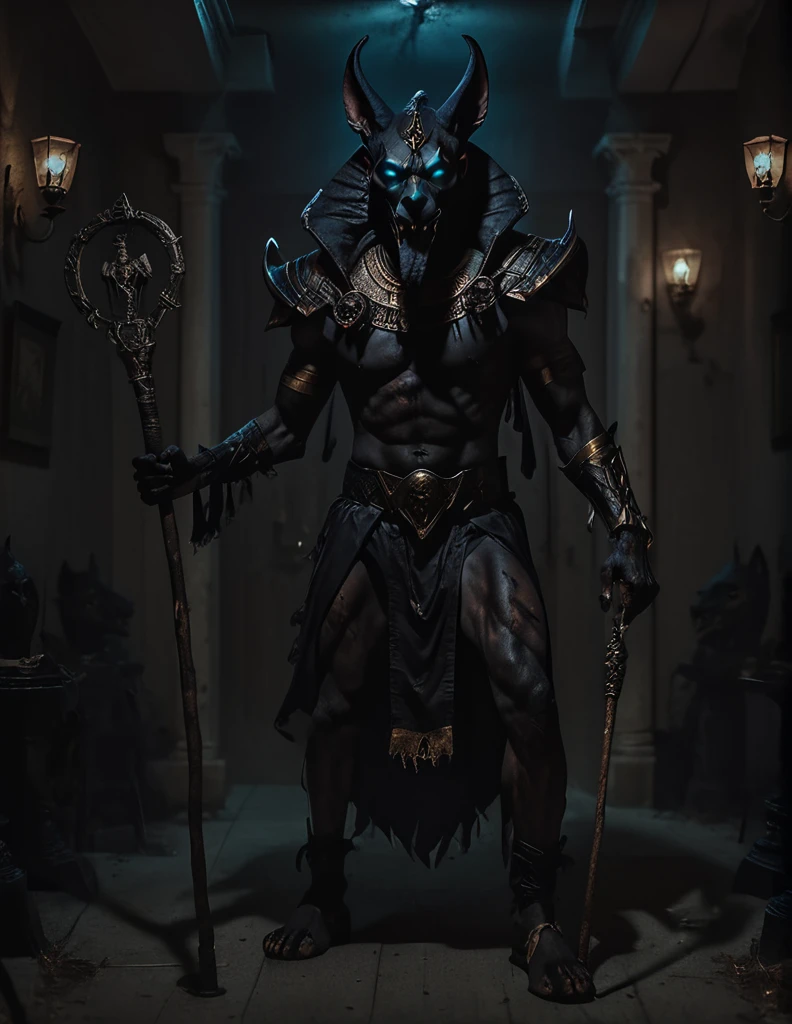 a man dressed as realistic zumbi Anubis halloween costume design, intimidating scary psychopathic man, anubis mask, dark energy, black costume, zumbi style, holding a staff, full body highly detailed, cinematic lighting, dramatic atmosphere party entrance, photorealistic, 8K, masterpiece