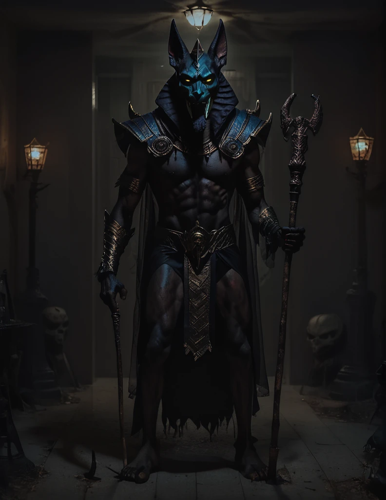 a man dressed as realistic zumbi Anubis halloween costume design, intimidating scary psychopathic man, anubis mask, dark energy, black costume, zumbi style, holding a staff, full body highly detailed, cinematic lighting, dramatic atmosphere party entrance, photorealistic, 8K, masterpiece