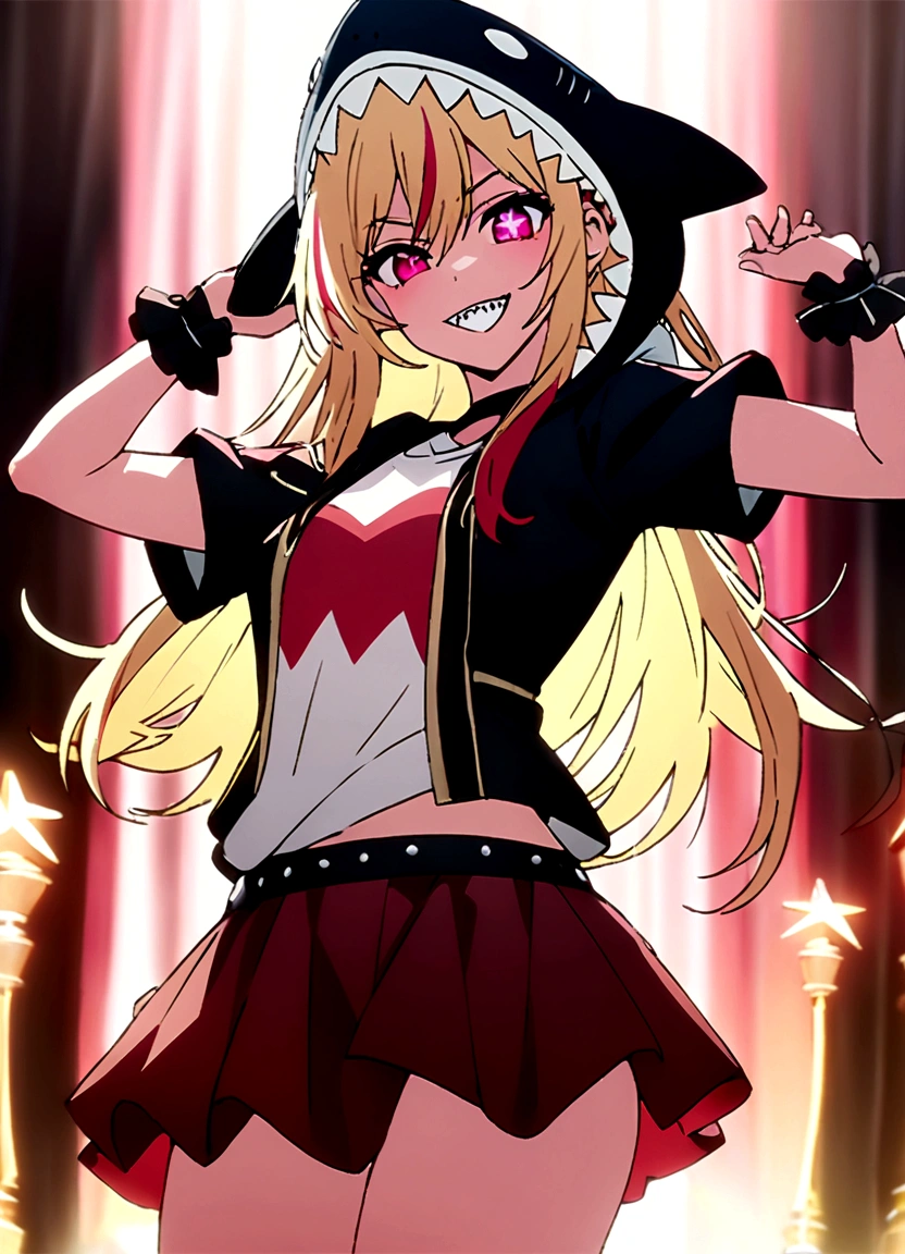 (A girl wearing a very large shark hood), hoshinoruby, star-shaped pupils, ruby_hoshino, idol, blonde hair, bangs, 1girl, pink eyes, long hair, looking at viewer, red eyes, streaked hair, T-shirt, mini skirt, best quality, masterpiece, high quality, extremely detailed CG unity 8k wallpaper, Furry, (fantastic and mysterious), delicate background, complex details, (grin), sharp teeth, cowboy shot,