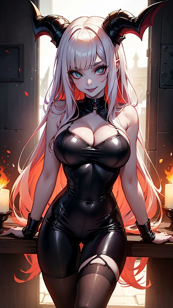 ((cute, innocent smile, shy)), succubify, (pale skin:1.3), demon horns, demon tail, demon wing (black lips:1.2), red hair, green eyes (" Ana de Armas", “kagney linn karter ").blend(0.1,1), (1girl), fire in the background, flames,