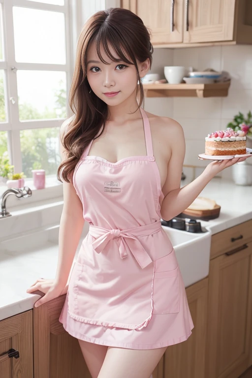 (realism、realistic、Photoreal)、masterpiece、high quality、high resolution、high resolution、RAW photo、hyper detail、naked apron、cute pink apron、cake、kitchen、very small breasts:1.5、thin waist:1.3、degrees of freedom:1.5、