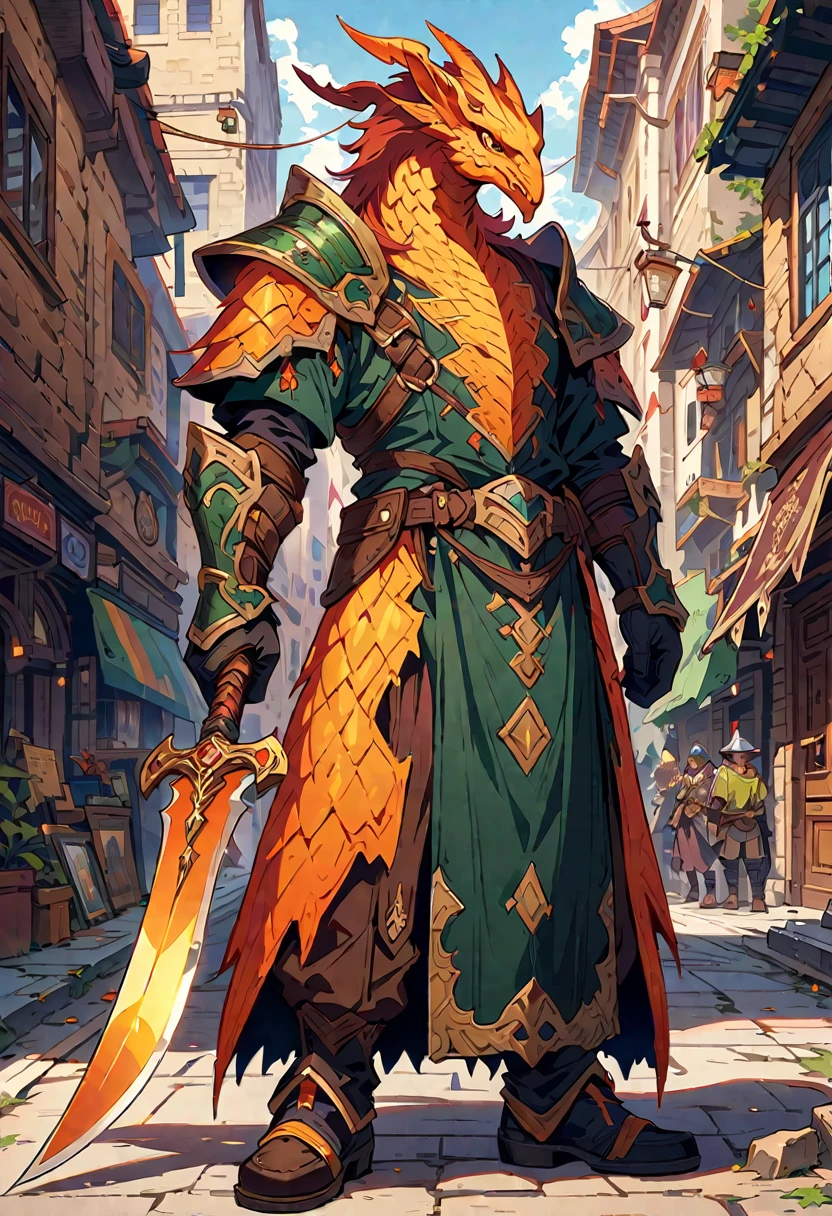 DnD character art, fantasy warrior with dragon head helmet and orange scales holding sword in hand standing on city street, green , black leather gloves, high details, in the style of fantasy.