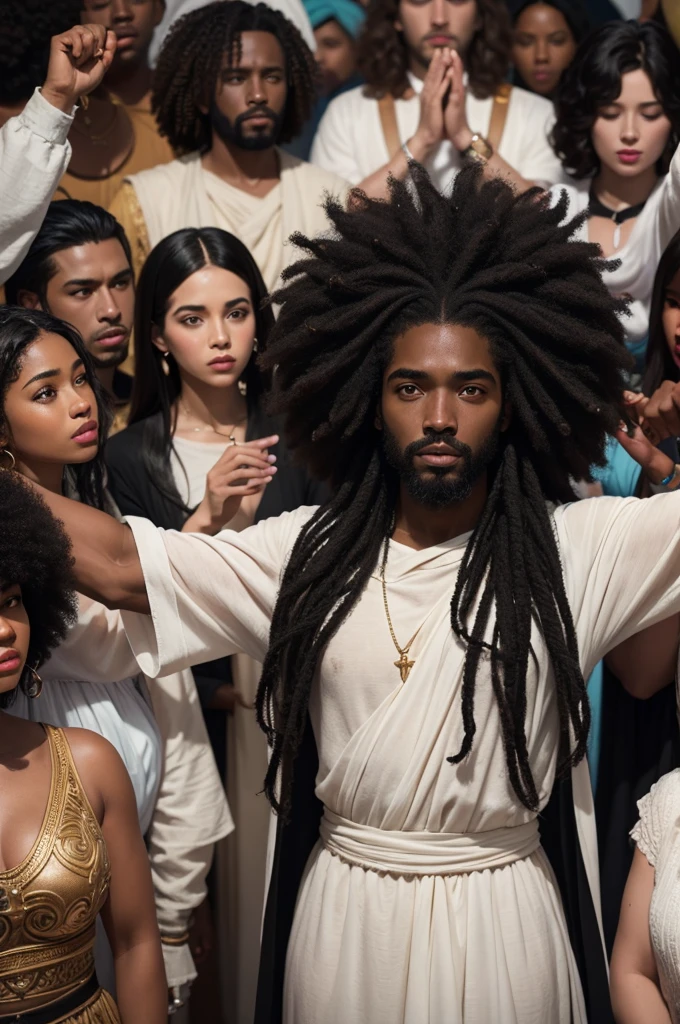 "A powerful representation of Jesus with black skin and afro hair surrounded by a diverse crowd, radiating compassion and unity to emphasize the deep message of history."