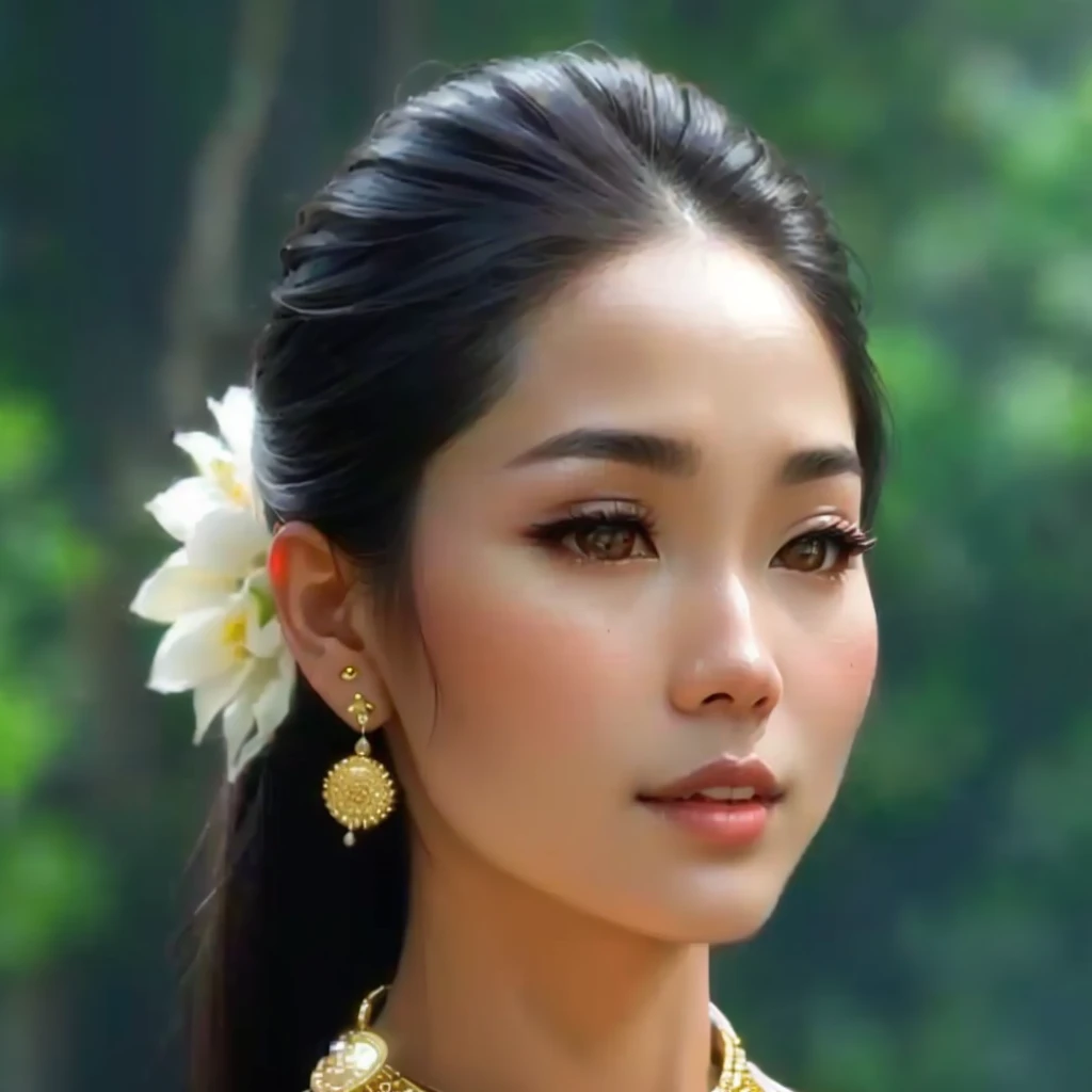 a close up of a woman wearing a necklace and earrings, south east asian with round face, asian beautiful face, traditional beauty, asian face, traditional makeup, south east asian with long, beautiful asian woman, beautiful oriental woman, nivanh chanthara, asian features, detailed face of a asian girl, an asian woman, beautiful asian girl, a young asian woman