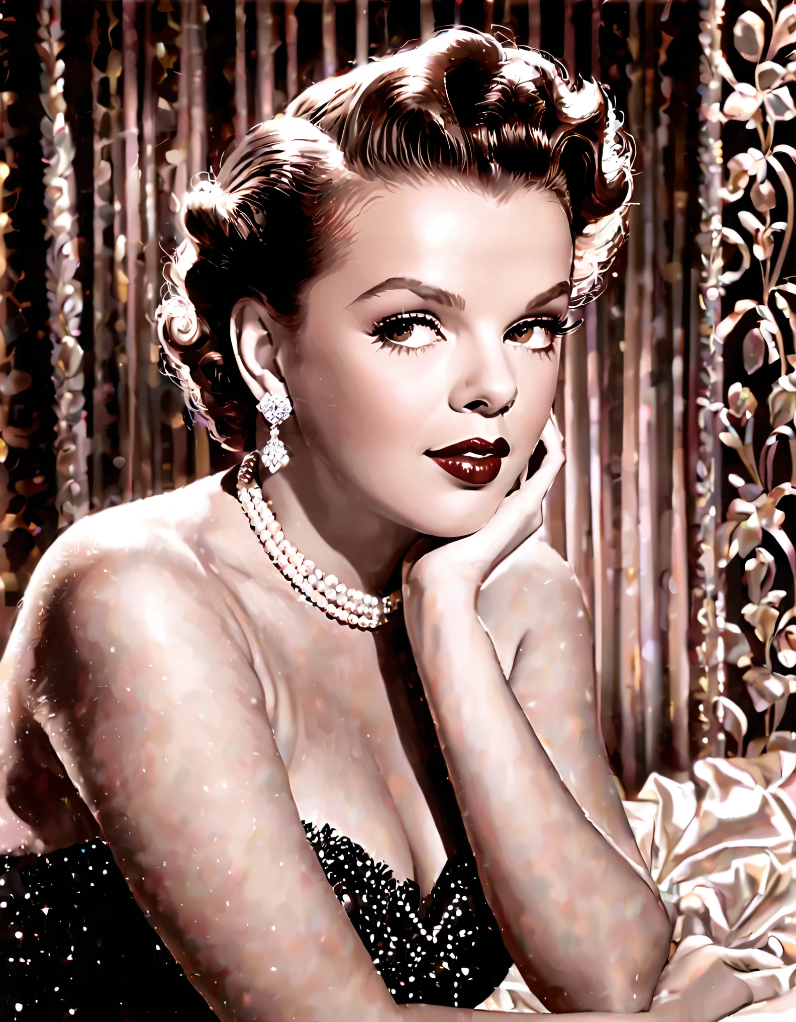 "Generate a portrait of Judy Garland exuding timeless elegance and vintage glamour. Envision her in a classic Hollywood setting with soft, flattering lighting. Emphasize her features with a touch of sophistication, perhaps inspired by the golden age of Hollywood."