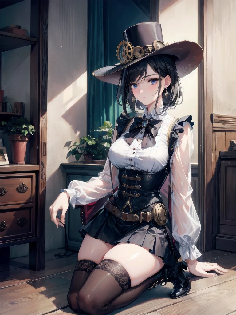 absurdres, RAW photo, extremely delicate and beautiful, masterpiece, Best Quality, ultra high resolution, 32k, hyperrealistic, ultra-detailed, in her 20s, delicate facial features, beautiful detailed girl, tearful mole, earring, medium breasts, full body shot, shorter middle hair, black hair, steampunk fashion, waistcoat, blouse, hat, boots, short skirt,