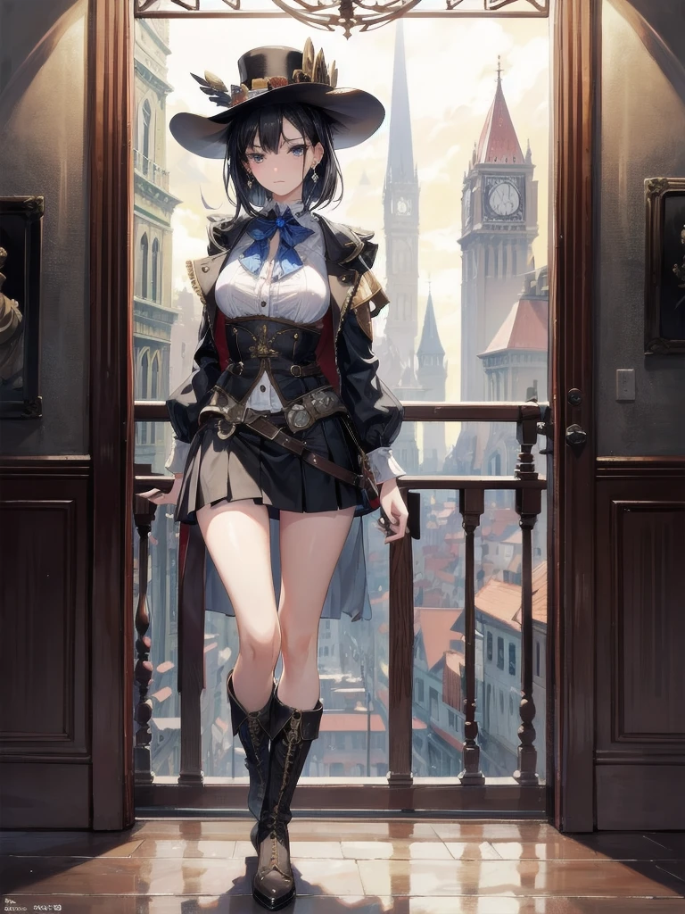 absurdres, RAW photo, extremely delicate and beautiful, masterpiece, Best Quality, ultra high resolution, 32k, hyperrealistic, ultra-detailed, in her 20s, delicate facial features, beautiful detailed girl, tearful mole, earring, medium breasts, full body shot, shorter middle hair, black hair, steampunk fashion, waistcoat, blouse, hat, boots, short skirt,