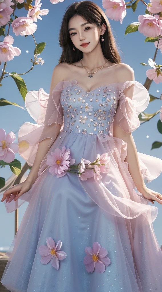 (best quality),[masterpiece],((beautiful:0.75) cute girl:0.75),[clear and clean] pixiv (illustration),long hair,knees up,necklace,jewelry,standing,looking at viewer,front lens,blue flower,(surrounded by flower:1.3),too many flowers,(floral background:1.2),(multicolored flowers:1.2), 
dress,