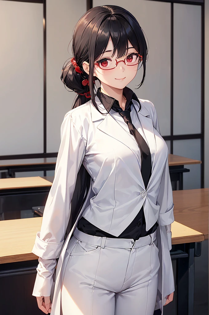 (masterpiece; best quality: 1.2), (finely detailed eyes: 1.3), ((25 year old woman)), ((solo)), (red eyes: 1.4), (body; gorgeous, lithe, femenine: 1.3), (black hair in low-ponytail: 1.3), (beautiful and clear background: 1.2), ((depth of field)), (equipment: white unbuttoned labcoat + black shirt + white tie + white pants + black square glasses: 1.3), (anime illustration: 1.2), (background composition; japanese highschool classroom + furniture: 1.1), (extremely fine and beautiful: 1.1), (shot composition; standing + centered on torso + close-up: 1.5), (expression; calm, smile: 1.2)