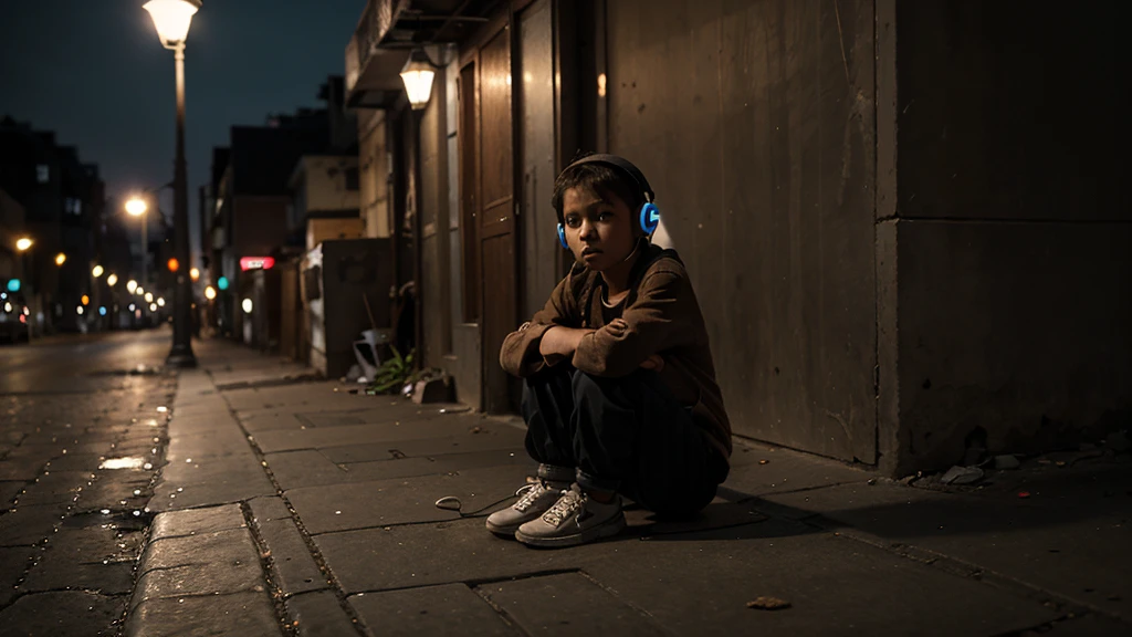very poor orphan chid listening to headphones in the streets alone at night