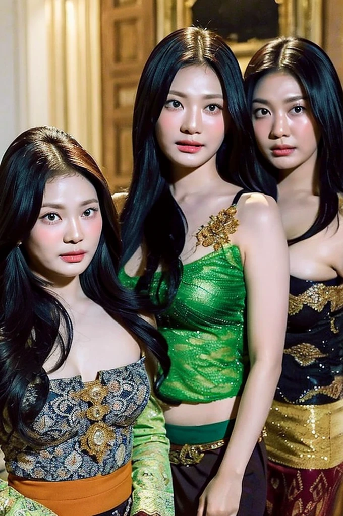 Potrait of a Family, consisting of 4 wife Indonesian-chinese girl, Harem (Polygamy), long fashion hair, fit body, small cleavage, skintight green lace kebaya, batik skirt, masterpiece, highly detailed, ultra hd, 8k, detailed face, detailed eyes, perfect eyes, detailed skin texture, detailed lips, sexy lips, perfect hands, dynamic angle, cowboy shot, rich family, BIG BREAST