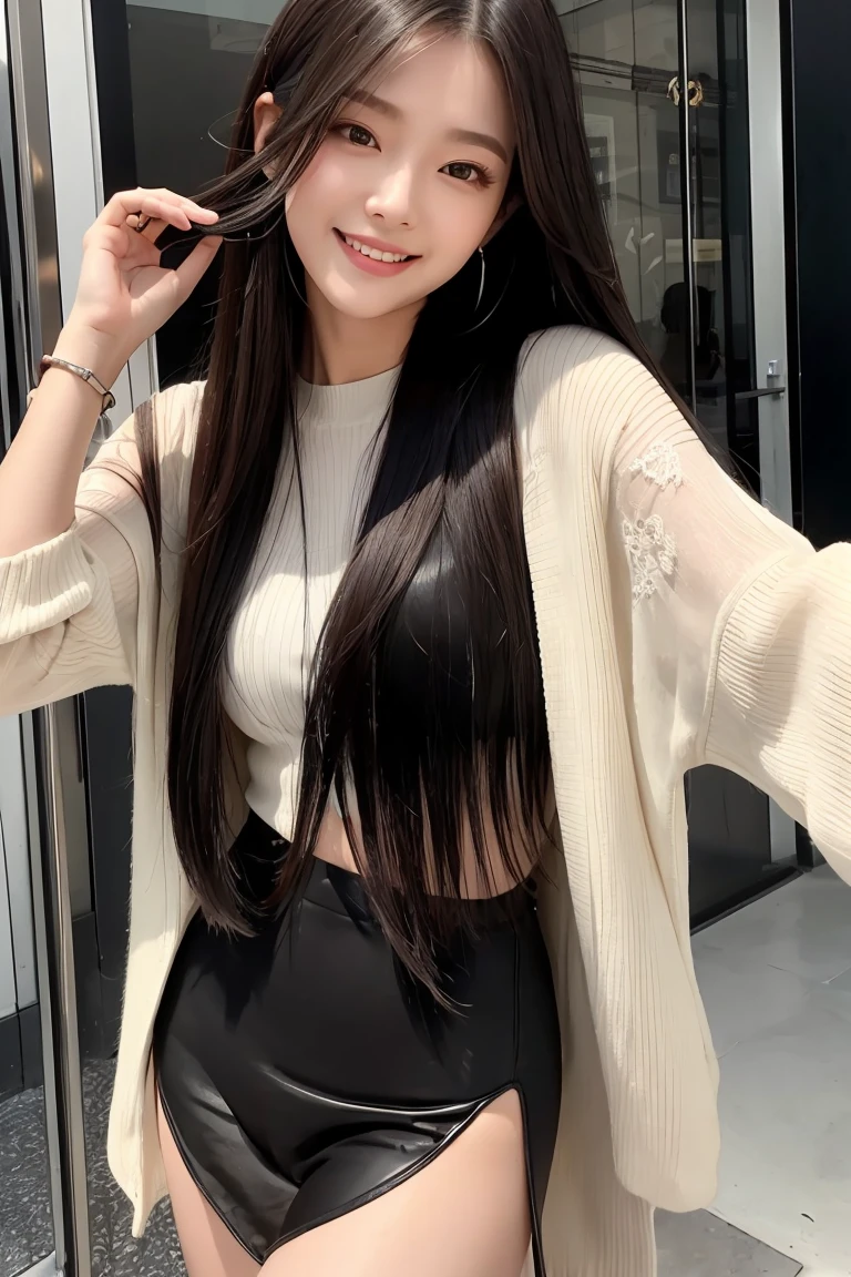 24-year-old female、Hair color is black、The eye color is dark brown、Super long hair、Straight hair、A slender but well-proportioned muscular woman、Laughter、I'Wearing a necklace、Wrist Accessories、Wearing transparent tops、I'm wearing high heels、Wear light pants、Laughter、wear a lace choker、I'm in a marble building、Too beautiful hair、shiny hair、Beautiful hair illuminated by the morning sun、White tank top、Large, slanted eyes、Cat face、Thigh-length hair、Lying on her back in bed, sleeping in bed, looking a little sleepy, with her hair spread out carelessly,