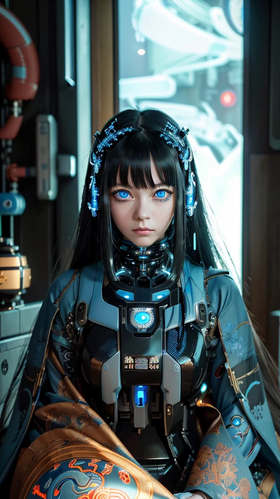 Ultra-detailed, master piece, best quality, high resolution,  detailed eyes, detailed face, (Neo Tokyo:1.5), (Cyberpunk:1.5), (Fusion with Machine:1.5), ************, very pretty and beautiful, girl with mysterious atmosphere, ghost,  in appearance, graceful in traditional Japanese costume and design, (beautiful light blue eyes:1.5), (light blue plasma around her:1.5), bio-mechanical, traditional Japanese room with elegance, long black hair, bangs, face, hands, design and (light blue plasma surrounds), biomechanical, Japanese traditional noble Japanese room, long black hair, bangs, face, hands, designs and decorations are detailed and clearly drawn, ultra realistic and realistic image with super high resolution