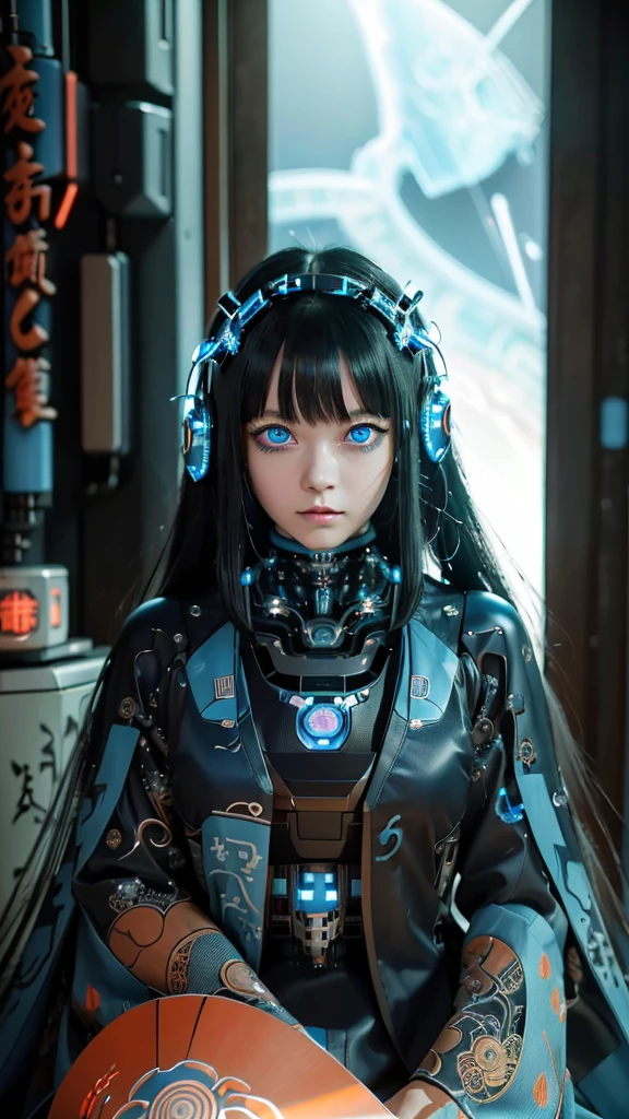 Ultra-detailed, master piece, best quality, high resolution,  detailed eyes, detailed face, (Neo Tokyo:1.5), (Cyberpunk:1.5), (Fusion with Machine:1.5), ************, very pretty and beautiful, girl with mysterious atmosphere, ghost,  in appearance, graceful in traditional Japanese costume and design, (beautiful light blue eyes:1.5), (light blue plasma around her:1.5), bio-mechanical, traditional Japanese room with elegance, long black hair, bangs, face, hands, design and (light blue plasma surrounds), biomechanical, Japanese traditional noble Japanese room, long black hair, bangs, face, hands, designs and decorations are detailed and clearly drawn, ultra realistic and realistic image with super high resolution